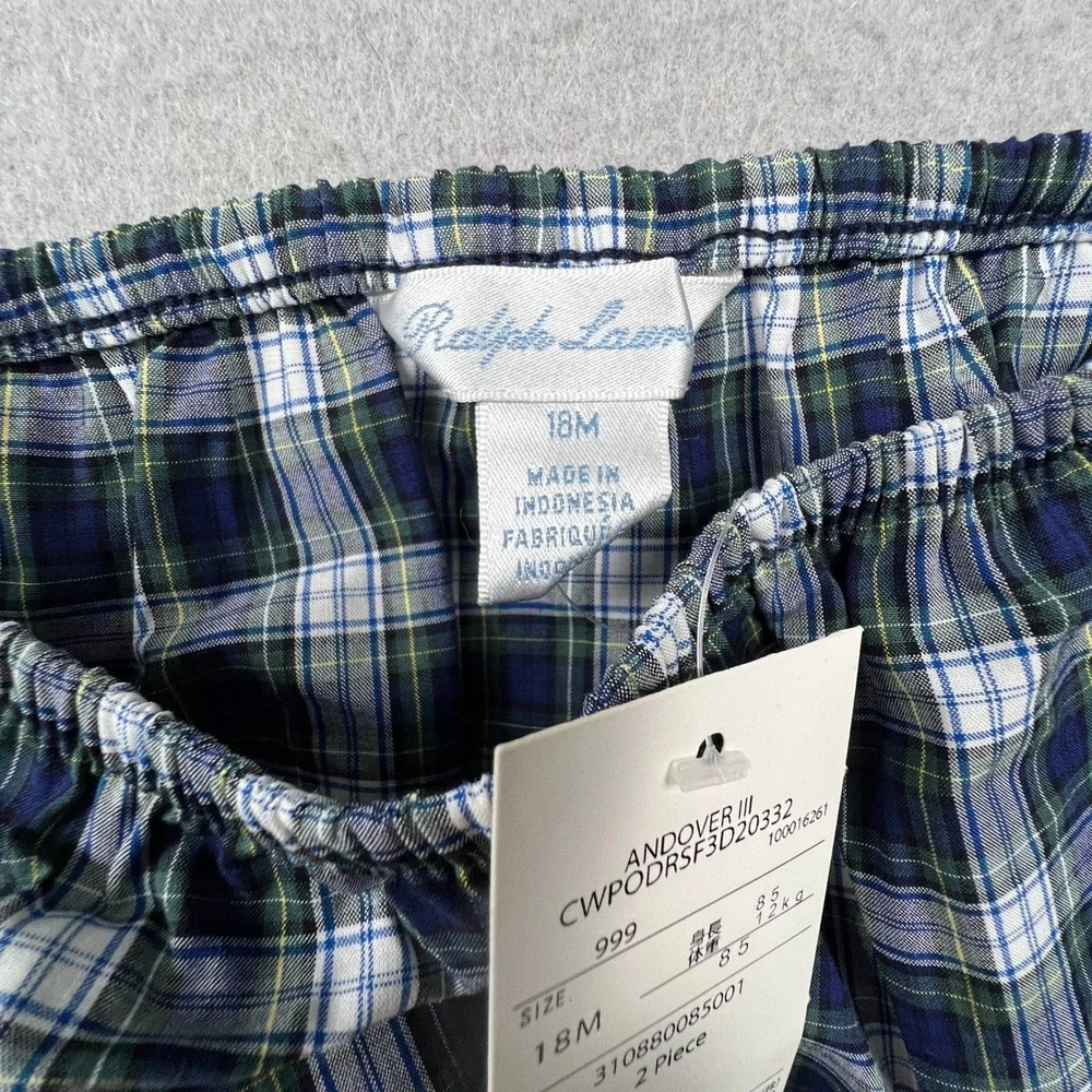 Ralph Lauren Plaid Dress Set Kids 18M Navy Green Ruffle Peter Pan Collar Preppy